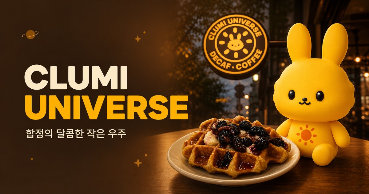 클루미 캐릭터와 와플이 함께 있는 클루미유니버스 브랜드 포스터